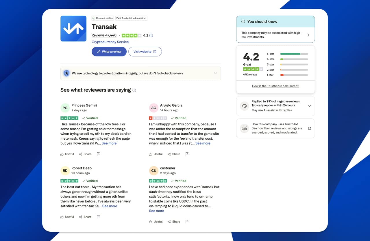 Transak reviews on Trustpilot